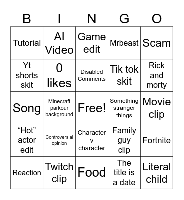 YouTube shorts Bingo Card