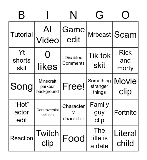 YouTube shorts Bingo Card