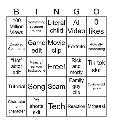 YouTube shorts Bingo Card