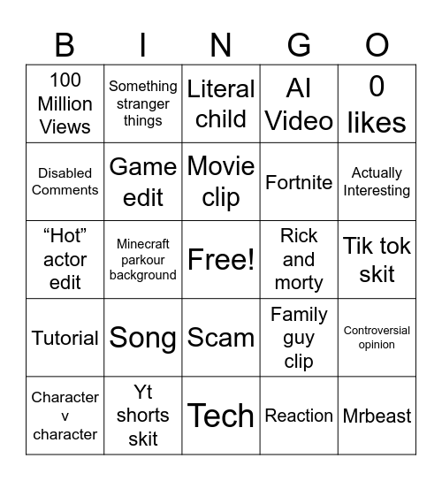 YouTube shorts Bingo Card