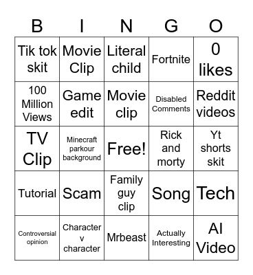 YouTube shorts Bingo Card