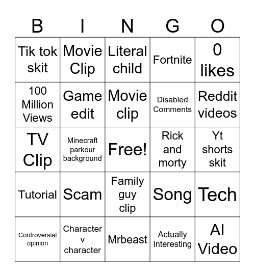 YouTube shorts Bingo Card