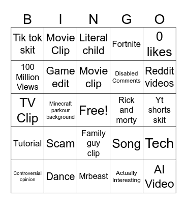 YouTube shorts Bingo Card