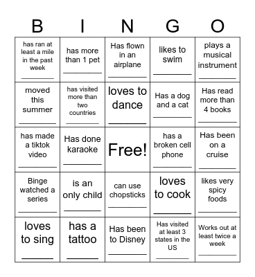 About Me Bingo Card