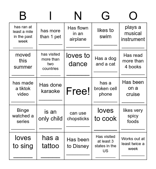 About Me Bingo Card