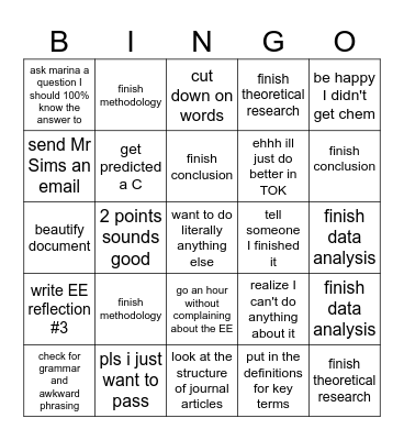 Finishing my bio EE Bingo Card