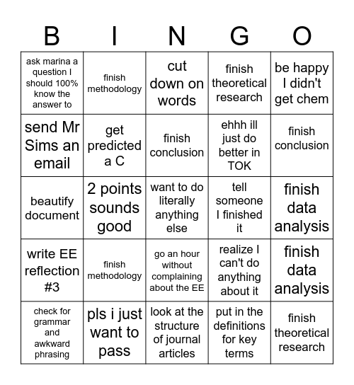 Finishing my bio EE Bingo Card