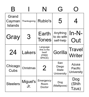 Stull/Winchester/Pile Get to Know Your Teacher BINGO Card