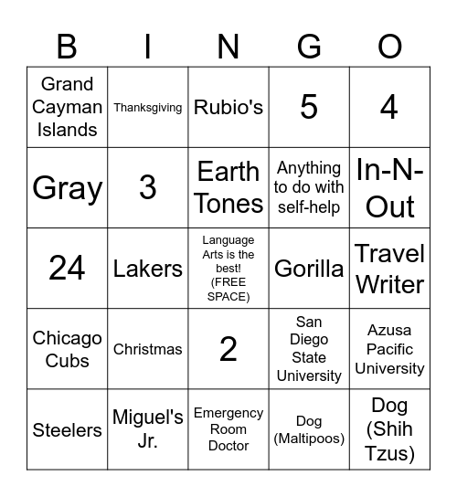 Stull/Winchester/Pile Get to Know Your Teacher BINGO Card