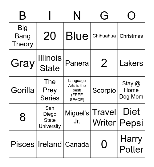 Winchester/Hardy Get to Know Your Teachers BINGO Card