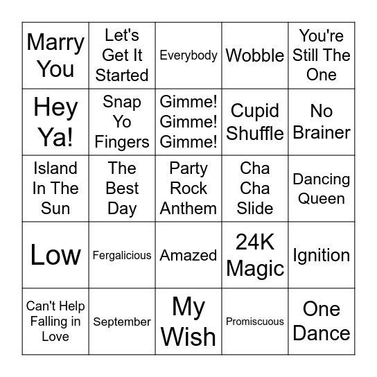 Wedding Reception Bangers Bingo Card