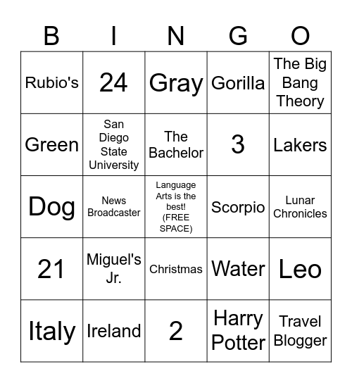 Stull/Winchester Get to Know Your Teachers BINGO Card