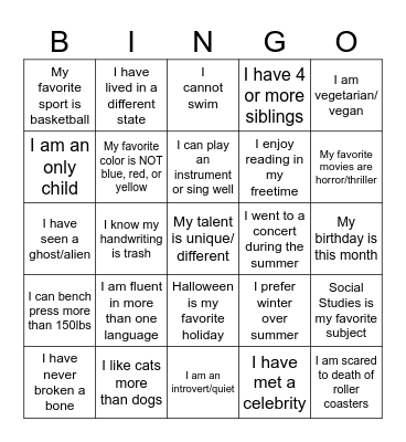 GET TO KNOW YOU Bingo Card