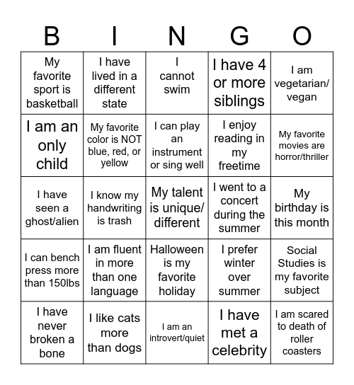 GET TO KNOW YOU Bingo Card