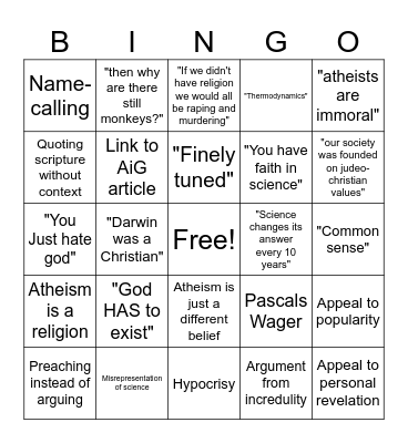 Shitty Theist Bingo Card