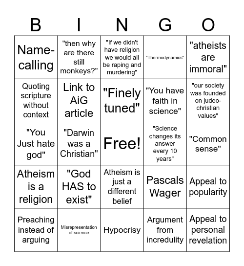 Shitty Theist Bingo Card