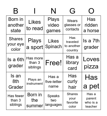 Getting to Know You Bingo Card