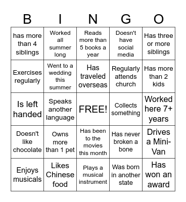 Get to Know Your Co-Workers Bingo Card