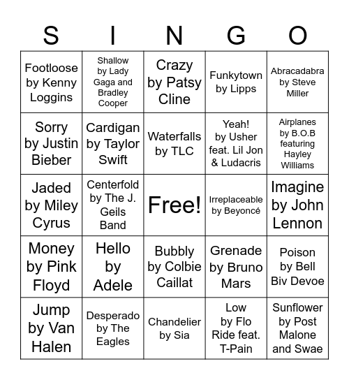 One Word Titles Bingo Card