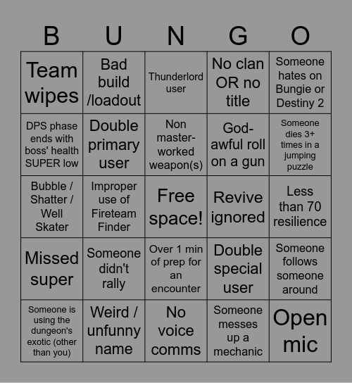 Destiny 2 LFG Bingo (Dungeon Edition) Bingo Card