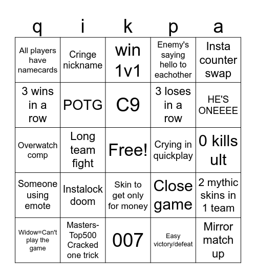 OVERWATCH QUICKPLAY BINGO Card