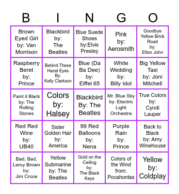 Color Music Bingo Round 2 Bingo Card