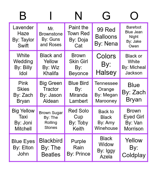 Colors Music Bingo Round 1 Bingo Card