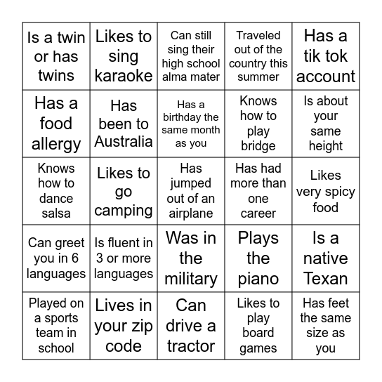 Find Someone Who-Version 2 Bingo Card