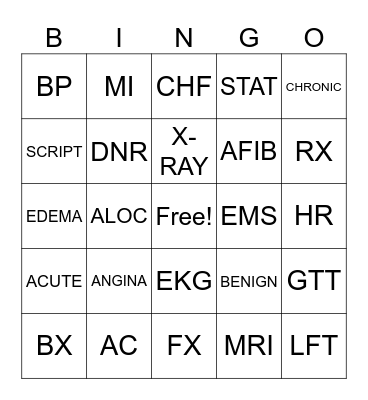 MEDICAL TERMINOLOGY Bingo Card