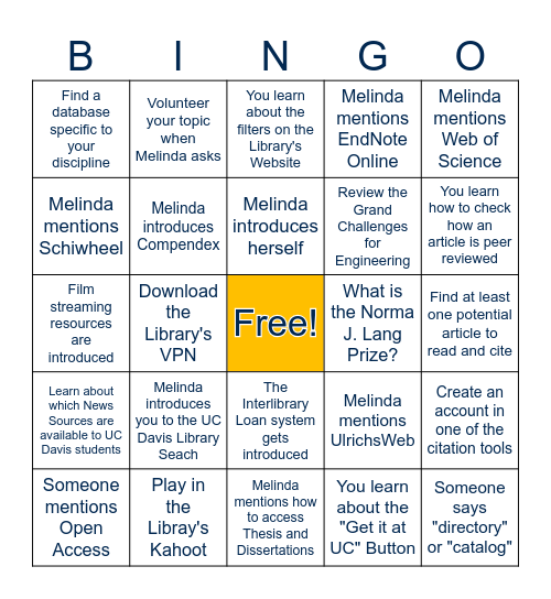 UC Davis UWP102E Library Session Bingo Card