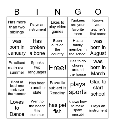 First Day of School Bingo Card