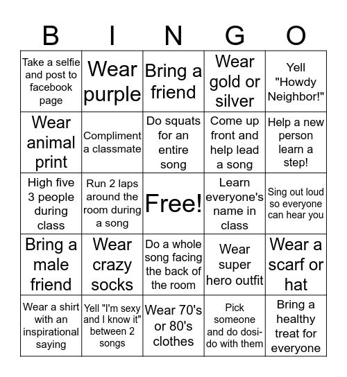 ZUMBA Bingo Card