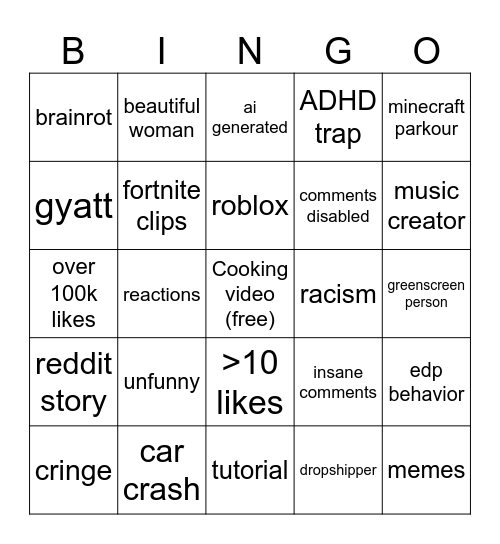 yt shorts bingo Card