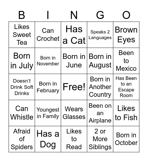 Getting To Know You Bingo Card