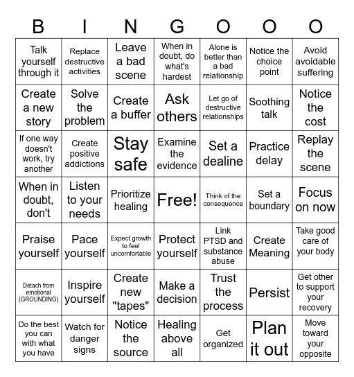 Safe Coping Skills Bingo Card