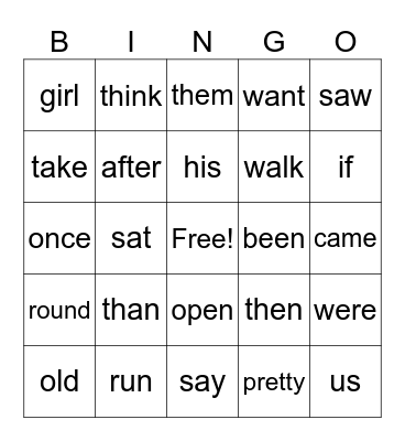 Sight Word BINGO Card