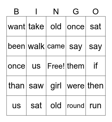 Sight Word BINGO Card