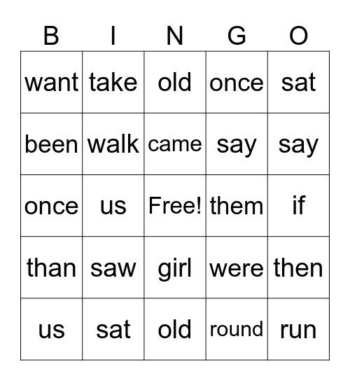 Sight Word BINGO Card