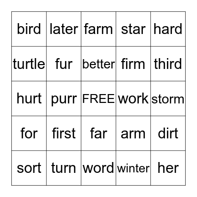 r controlled syllable Bingo Card