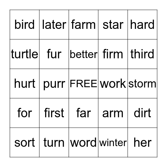r controlled syllable Bingo Card