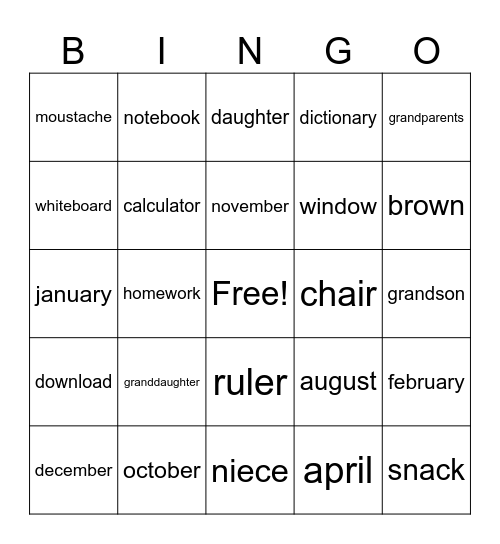 spelling bee Bingo Card