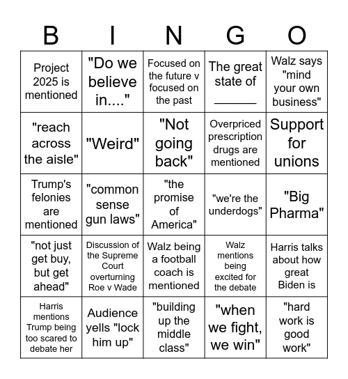 Harris Walz Rally Bingo Card