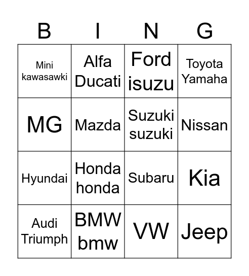 Car Bingo!! Bingo Card