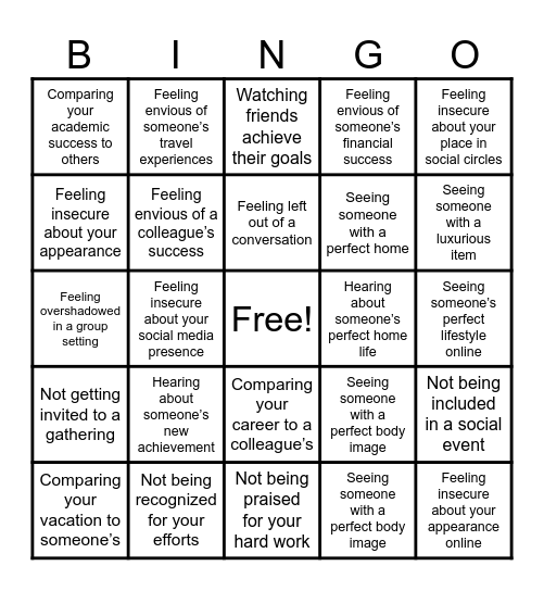 Jealousy, Jealousy Bingo Card