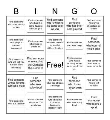 Find a Friend Bingo Card
