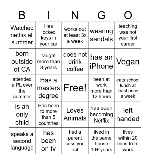 Teacher Icebreaker Bingo Card