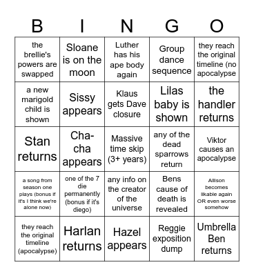 Umbrella Academy 4 Bingo Card