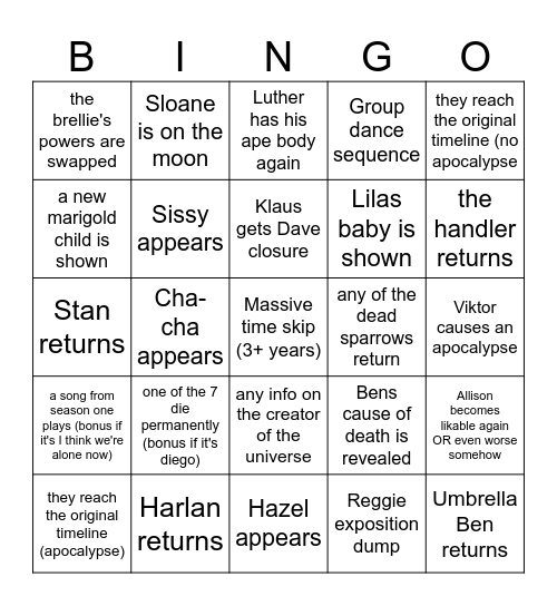 Umbrella Academy 4 Bingo Card