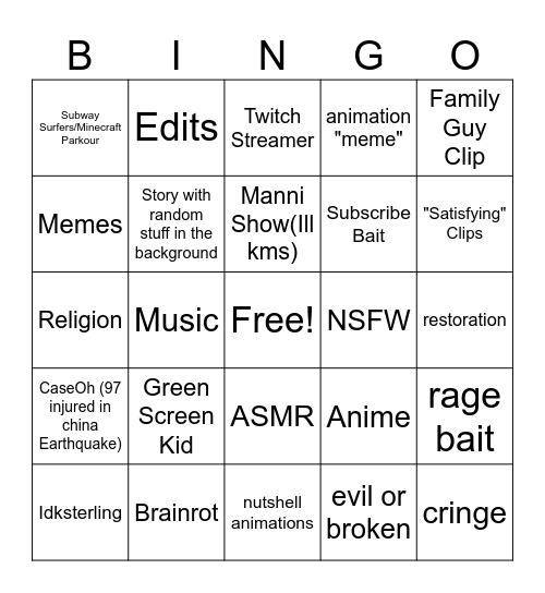 YT Shorts Bingo Card