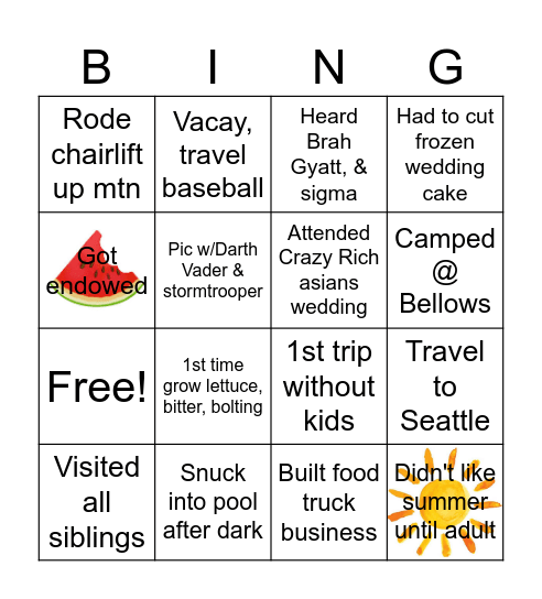 SUMMER FUN Bingo Card